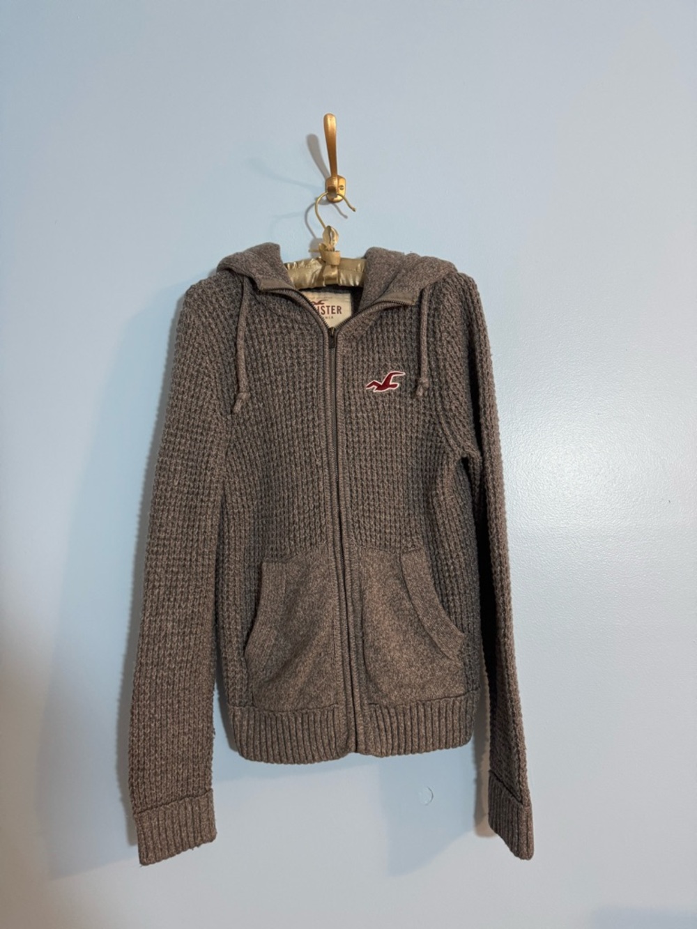 vintage hollister full zip chunky grey knit sweater with logo size S